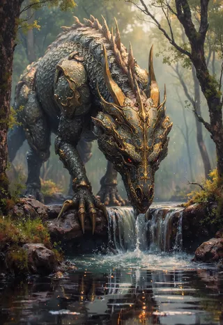 A majestic ancient robotic dragon with intricate black and gold armor drinking water from a small waterfall in a lush forest stream.