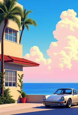 A classic silver Porsche 911 parked beside a sunlit coastal apartment with palm trees and a bright blue sky filled with fluffy pastel clouds.