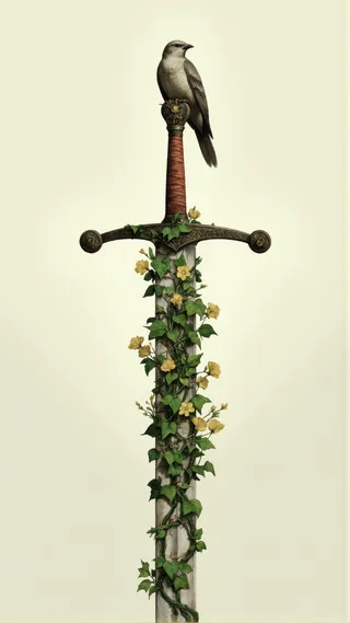 A sword embedded in stone with flowering vines wrapping around the blade and a bird perched on the sword's ornate pommel.