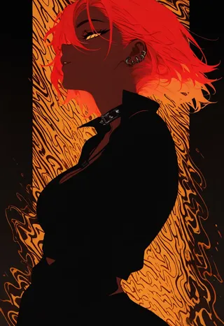 Stylized punk girl with bright orange hair and yellow eyes in a dynamic pose against an orange and black inverted background with flat design and no lineart