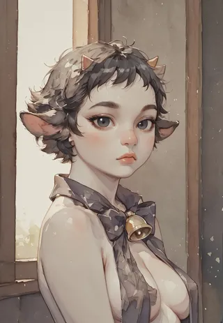 Watercolor artwork of a female character with short curly hair, small straight horns, sheep ears, and a bell tied with a ribbon around her neck, rendered in pastel colors with detailed eyes and soft lighting.