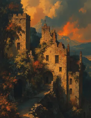 Medieval stone castle with towers and rustic architecture surrounded by lush greenery under a dramatic orange sunset sky with distant mountains.