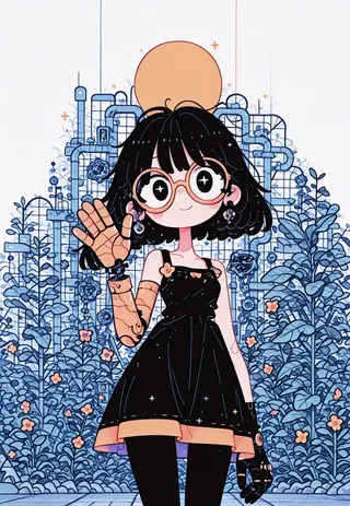 Vector illustration of a smiling female character with short black hair and round glasses, waving with a steampunk robot arm, standing in front of a floral greenhouse background with blue foliage and yellow flowers.