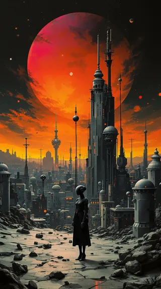 A surreal, dystopian futuristic cityscape bathed in vivid HDR colors under a massive glowing red-orange moon, featuring a solitary futuristic figure looking at towering futuristic architecture.