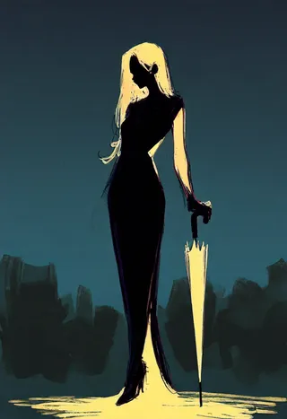 A digital painting of a silhouette of a Victorian era woman in a long black dress holding an umbrella, highlighted with bright yellow light against a dark blue background