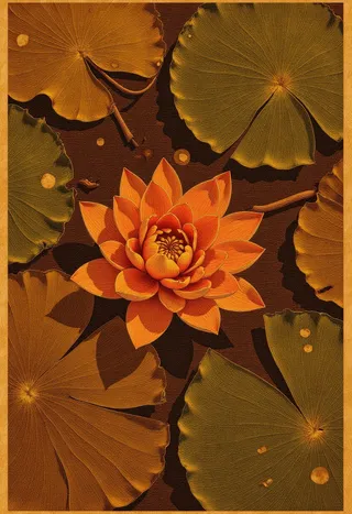 Top view of a single vibrant orange lotus flower surrounded by large overlapping lotus leaves in green and brown hues, with detailed textured lines on a rich brown background.