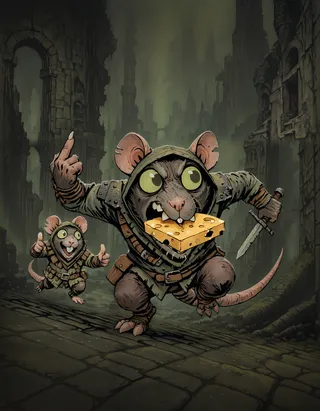 A hooded skaven rat holding a knife and running with a piece of cheese in its mouth, set in dark, ruined city streets with green haze.