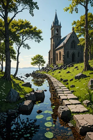 A serene medieval chapel on a sunlit grassy hillside beside a reflective stream lined with basalt stones and a stone path, surrounded by lush green trees.