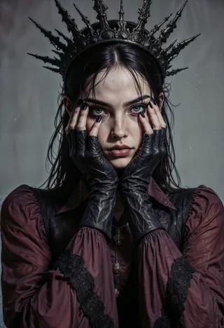 A gothic woman with pale skin, wet dark hair slicked back, dramatic dark eye makeup, and a black ornate crown with spikes. She wears long black gloves and a maroon blouse with lace, set against a muted gray background.