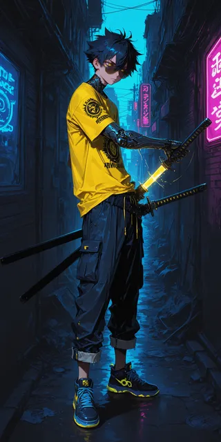 A cyberpunk boy with spiked dark blue hair, yellow t-shirt, and mechanical arm stands in a neon-lit alley holding blue katanas, wearing aviator sunglasses and cargo pants.