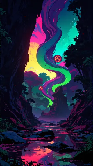 Vibrant fantasy scenery featuring a glowing river surrounded by dark cliffs and colorful trees with twisting neon light ribbons and glowing orbs in anime style.
