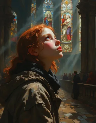 A young girl with red hair and vivid blue eyes gazes upward inside a grand cathedral, illuminated by beams of divine light filtering through stained glass windows.