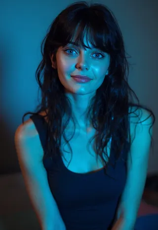 Portrait of a woman with black hair and blue eyes, smiling confidently under cool blue lighting with a sleeveless black shirt and minimalistic background.