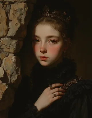 Oil painting portrait of a frail pale Dutch princess with delicate features, dressed in black fur, standing beside a stone wall inside a dimly lit cathedral, rendered in Rembrandt style emphasizing shadow and light.