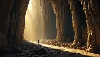A solitary traveler walks along a narrow path inside a mystical cave with towering colossal limestone pillars bathed in soft golden light and long shadows.