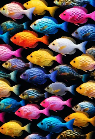A vibrant kaleidoscopic arrangement of colorful fish with photorealistic details and cinematic atmospheric lighting on a black background.