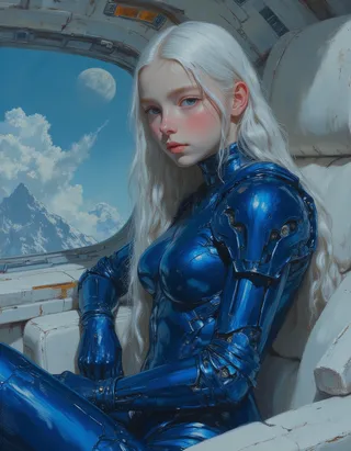 A young futuristic girl with long white hair and pale skin wearing shiny blue liquid metal armor, sitting elegantly in a white leather chair inside a spaceship with a moon and mountains visible through the window.