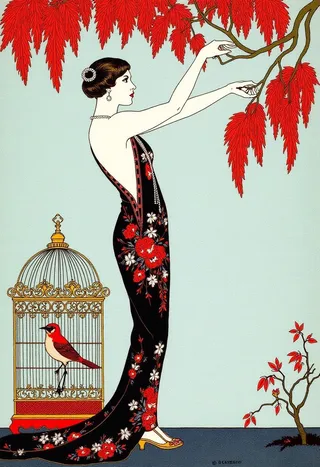 A detailed Art Nouveau style drawing of a woman in a flowing black gown adorned with red and white floral patterns, reaching up towards vibrant red leaves on a tree branch. A gold and red ornate birdcage with a red and white bird stands to her left against a pastel blue background.
