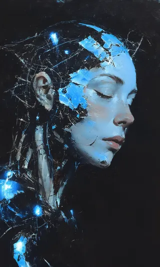 A dark digital painting of a sleeping half-robotic woman with glowing blue fibre-optic hair entangled in wires, showing broken and damaged cybernetic enhancements on a black background.