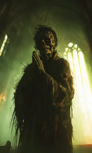 A dark CGI image showing a grotesque zombie creature with torn flesh and exposed bones praying inside a gothic church bathed in dim greenish light.