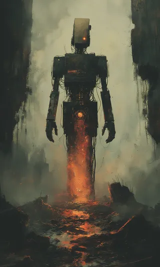 A tall robotic figure with a corroding core glowing in orange stands in a dark, eerie, and atmospheric landscape with rust and decay.