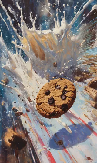 A dynamic painting showing a chocolate chip cookie escaping as milk splashes wildly in the background, capturing motion and energy.