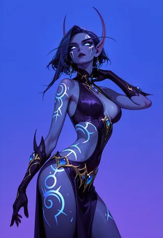 Blue-skinned nightborne woman with long pointy ears, glowing tattoos, and blue eyes in a seductive, dynamic pose against a blue gradient background