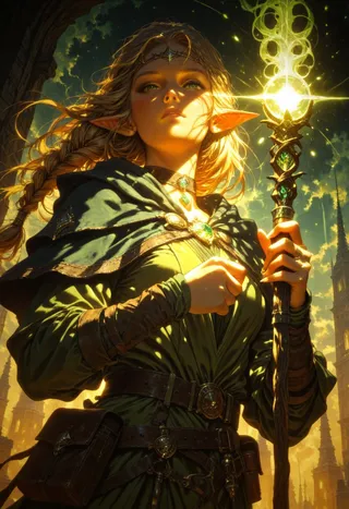 Close-up fantasy portrait of an elf woman with braided blonde hair, green eyes, wearing a capelet and holding a glowing magical staff under volumetric lighting.
