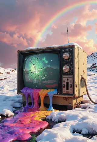A vintage beige television with cracked screen in a snowy landscape with pastel sky and rainbow, colorful multi-hued liquid dripping from the screen onto snow.