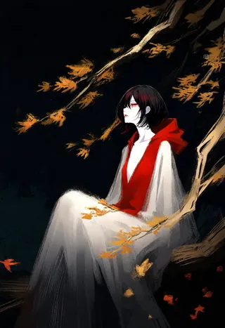 Digital painting of a woman with black hair and red eyes sitting on a tree branch, wearing a white hooded gown with a red inner lining, surrounded by glowing autumn leaves against a dark background.
