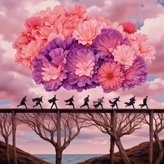 Surreal scene of Scottish people running on a detailed bridge supported by tree trunks, beneath a large cluster of purple and coral ruffled flowers against a pink cloudy sky.