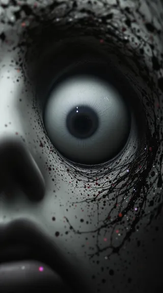 Close-up surreal black and white face focusing on a large singular eye surrounded by digital static and splattered spots.
