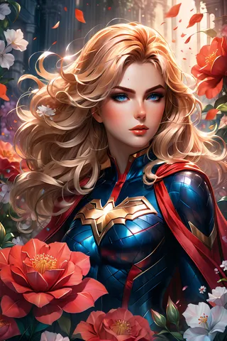Anime-style superhero woman with flowing blonde hair and blue armor, surrounded by vibrant red and white flowers, illuminated by soft volumetric light.