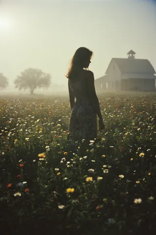 Silhouette of a woman standing in a flower field with morning light and fog, classic Texas farm in the background with long shadows