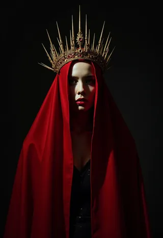A mysterious figure draped in a flowing red veil wearing an ornate golden crown with sharp spikes, against a deep black background with dramatic lighting.