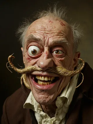 A grotesque and hyper-realistic portrait of an old man with large, exaggerated eyes, a bulbous nose, and a twisted mustache resembling ram's horns, styled with dramatic baroque lighting and chiaroscuro effects.