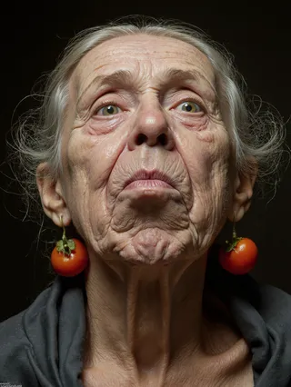 Hyper-realistic grotesque portrait of an elderly woman with exaggerated sagging features, wearing tomato-shaped earrings, lit in Rembrandt style against a dark background.