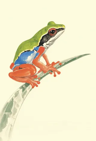 A red-eyed tree frog perched on a curved leaf, depicted in a traditional Japanese woodblock print style with vibrant green, orange, and blue colors on a pale ivory background.