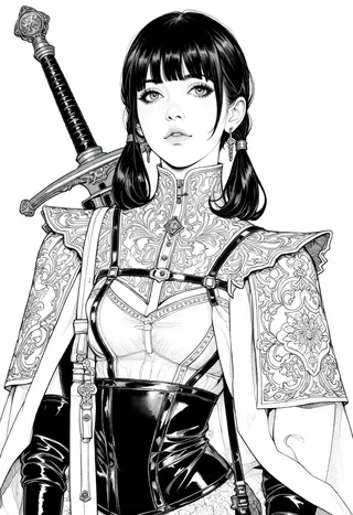 Black and white manga-style close-up portrait of a solemn noblewoman with twin-tail bangs and a ceremonial greatsword, dressed in an ornate corset gown with intricate embroidery and armor.