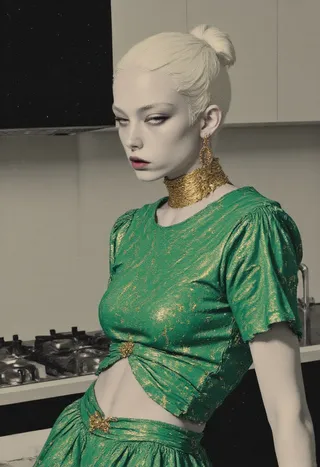 Selective colorized fashion portrait of a woman with platinum white hair in a green dress and gold jewelry in a monochrome kitchen backdrop.