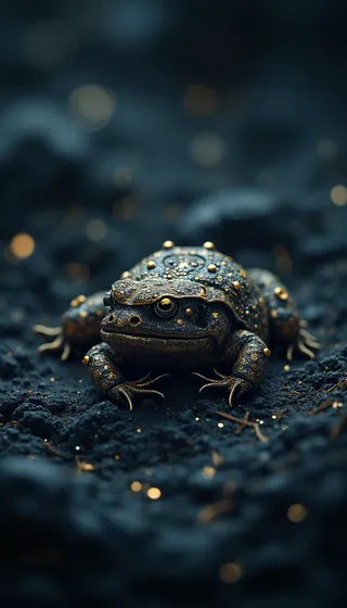 Close-up of a hypnotic toad with gold metallic details sitting on a dark textured surface with blurred glowing star-like lights in the background, creating a mystical and otherworldly atmosphere.
