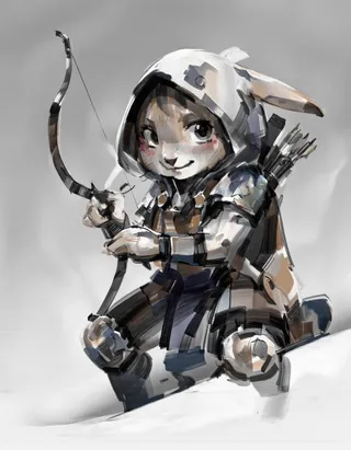 Digital inkSketch style illustration of a furry rabbit character dressed as a warrior, wearing a hooded cloak and holding a bow and arrow, poised to shoot with a determined expression.