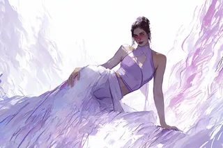 A strikingly beautiful female figure depicted as a goddess of sin, dressed in an elegant purple outfit, posed dynamically within a light, abstract background.