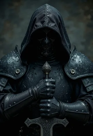 A mysterious hooded figure clad in detailed black gothic armor holding an ornately designed sword with rain droplets on the armor and a dark blurred background.