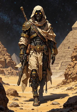 A robot mummy dressed in black, beige, and gold armored attire walking through a desert with rocky formations and pyramids under a starry night sky.