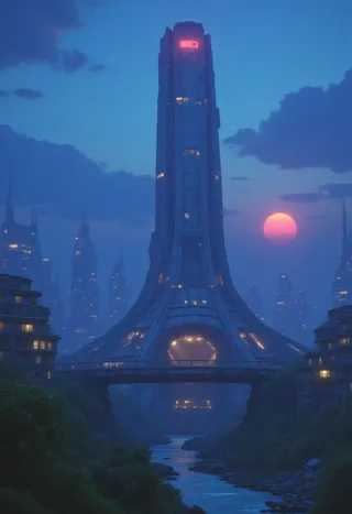 A towering futuristic skyscraper with a complex base and a glowing vortex portal stands at dusk in a cybercore cityscape with a supermassive sun and blue-toned sky.