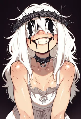 A girl with long white hair wears a spiked barbwire wreath and a white blindfold dripping black blood, showing sharp fangs and a sadistic smile, dressed in a sundress with freckles and a spiked collar.
