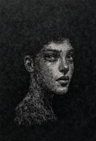 Black and white portrait of a young woman with abstract dreamlike features, set against a swirling Turing patterns background creating depth and a parallax effect.