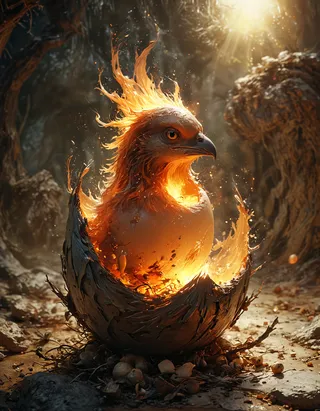 A glowing phoenix chick emerging from a cracked egg engulfed in fiery flames within a dark, rocky environment.