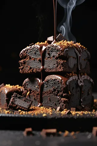 Close-up of stacked dark chocolate brownies with molten chocolate being poured over, sprinkled with crumbs, on a matte black plate with steam rising in the background